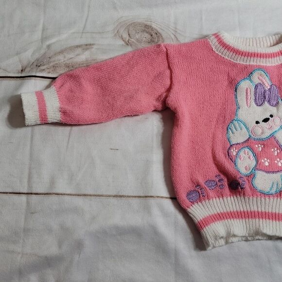 vintage Easter Sweater with Adorable Bunny Pink and White - Picture 3 of 7